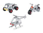 Tre metalmodelbyggesæt: en ATV, en motorcykel og en helikopter.
