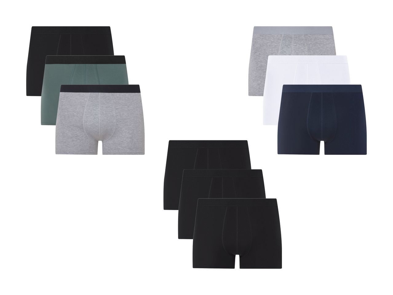 Sortiment Herrenunterwäsche: Boxershorts in Schwarz, Grau, Grün und Weiß.