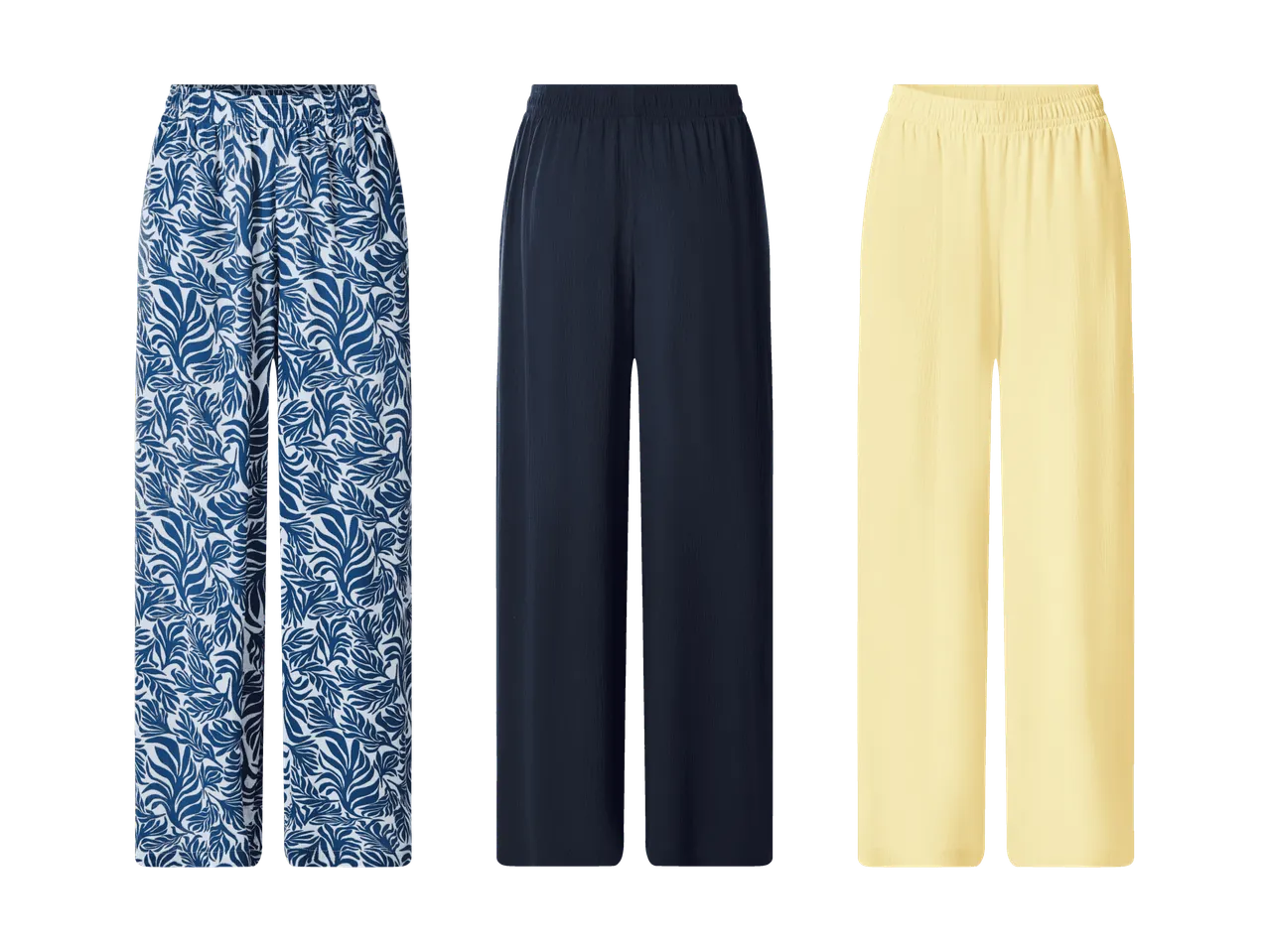 Drei weite Hosen: eine mit blau-weißem Blattmuster, eine dunkelblaue und eine hellgelbe.