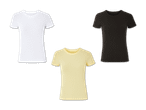 Drei Damen-T-Shirts in Weiß, Schwarz und Beige.