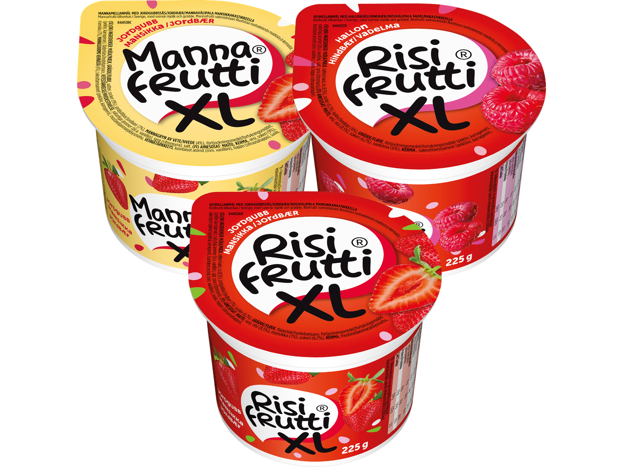Tre yoghurtkoppar med Risifrutti XL och Mannafrutti XL i jordgubb, hallon och jordgubbssmaker.