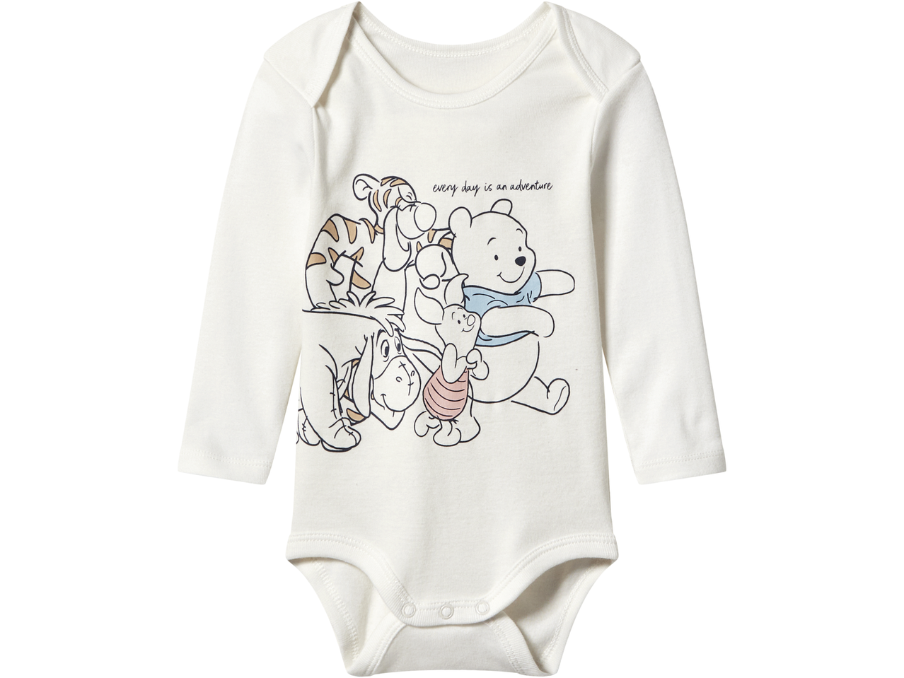 White long-sleeve baby bodysuit with Winnie the Pooh, Tigger, Eeyore, and Piglet graphic.