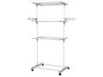 A three-tiered, green and white clothes drying rack with wheels.