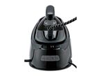 Black steam generator iron on its base with control buttons