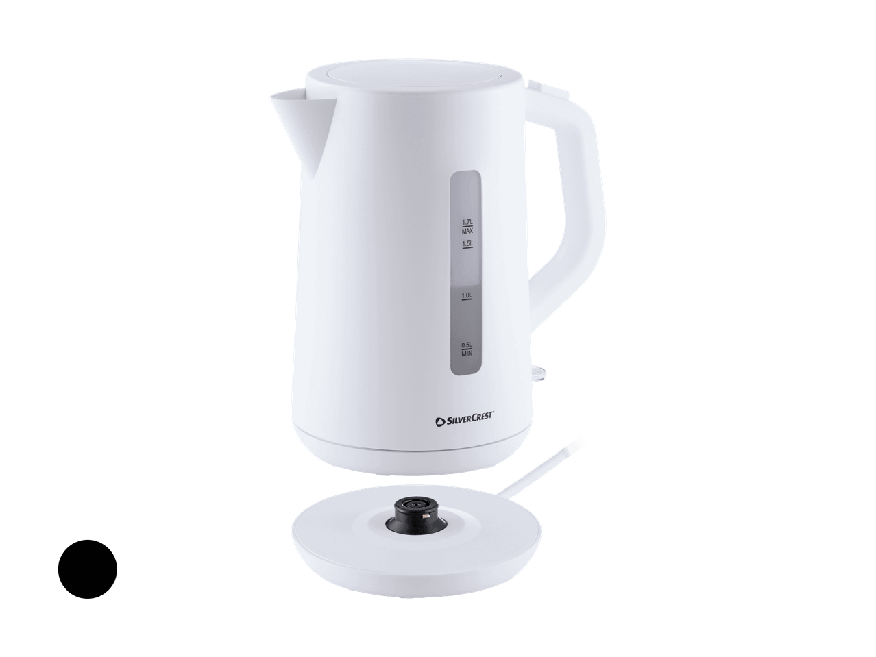 Bouilloire électrique blanche avec base de chargement et câble.
