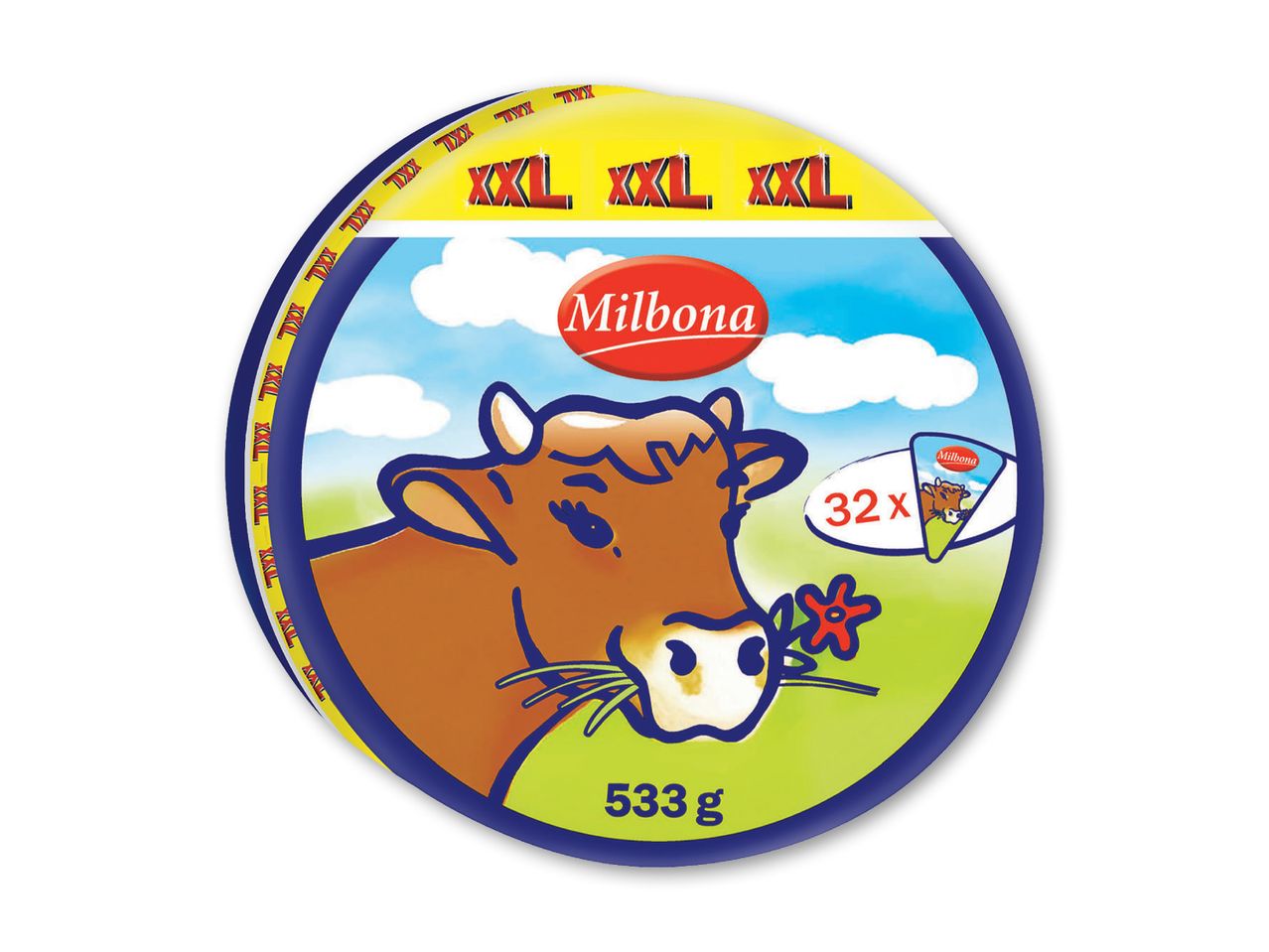 Milbona ost i rund dåse med ko-motiv.