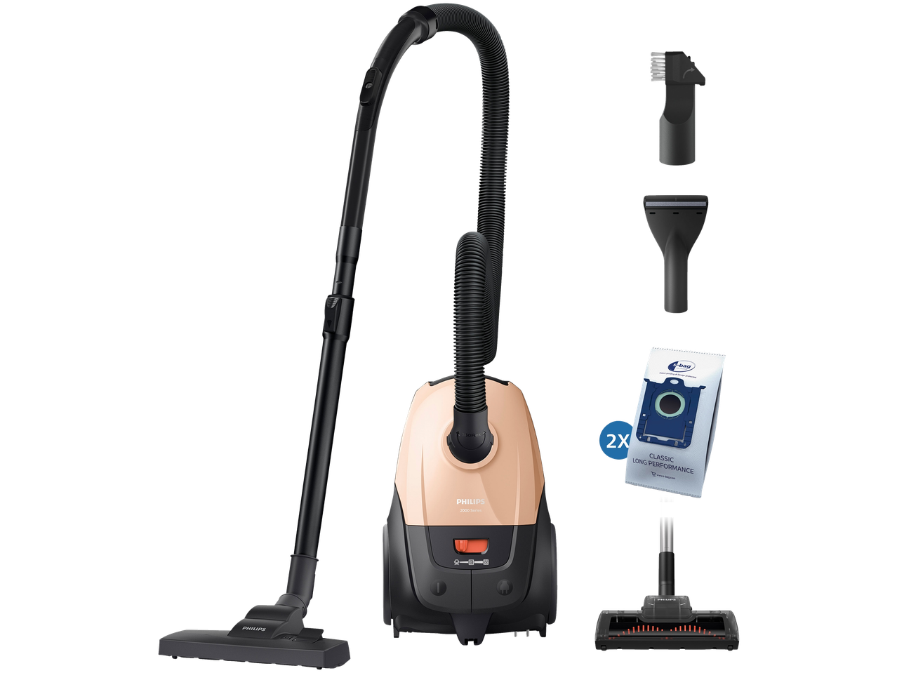 PHILIPS dulkių siurblys su maišeliu (2000 serija) su priedais ir 2X s-bag Classic Long Performance