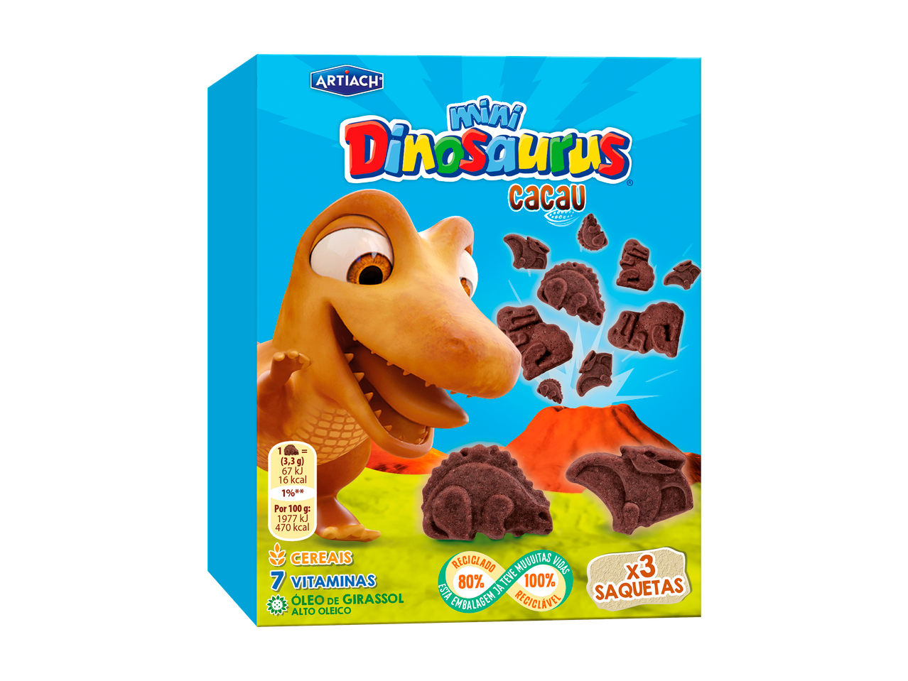Embalagem de Mini Dinosaurus Cacau da Artiach com um dinossauro e biscoitos em forma de dinossauro.