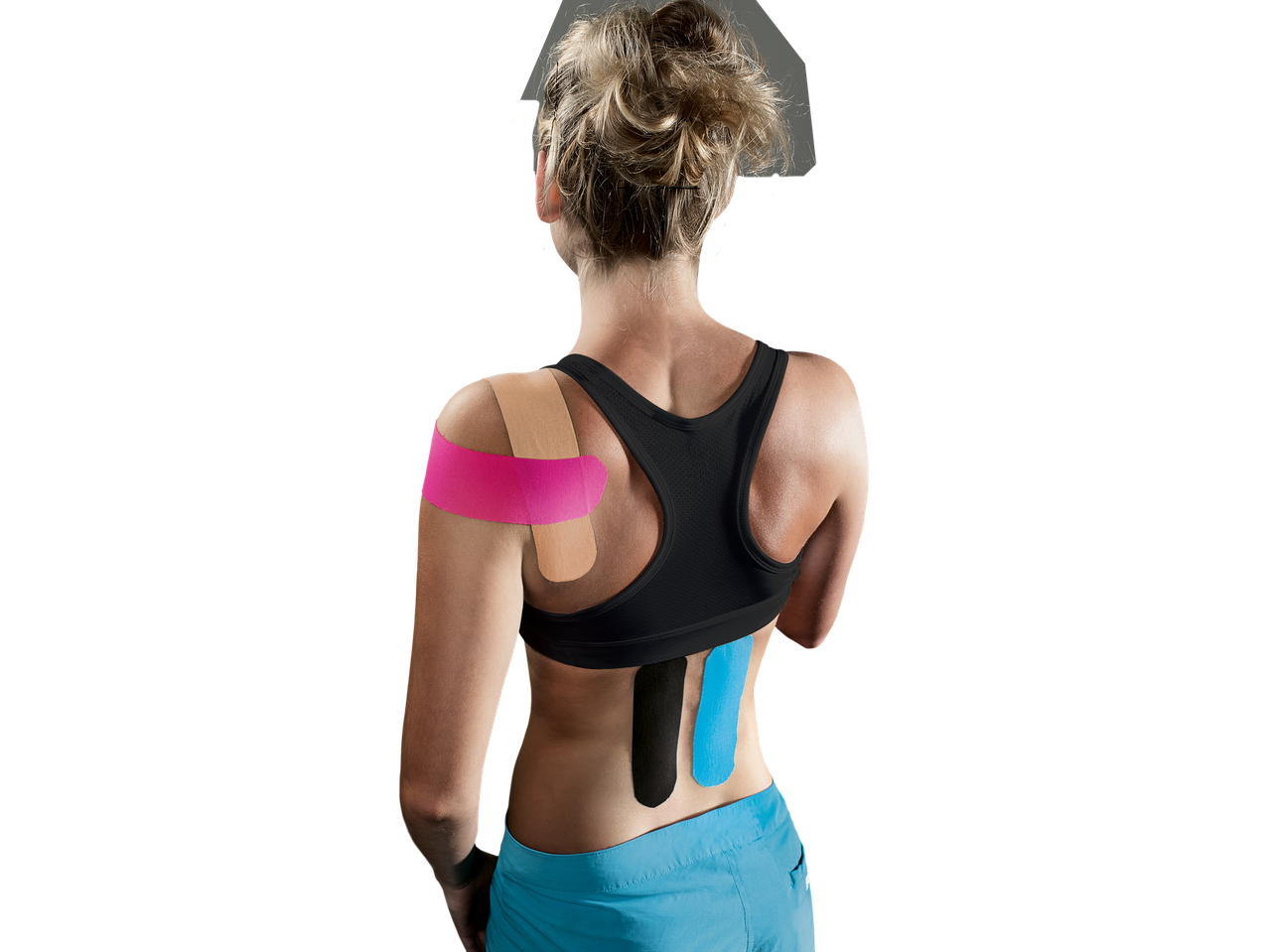 Sensiplast Kinesiology Tape on a woman's back and shoulder