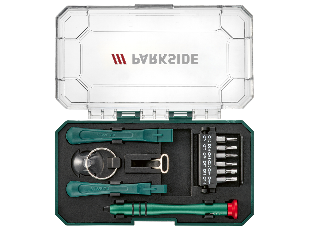 Комплект за ремонт на електроника Parkside с отвертка, битове и инструменти за отваряне.
