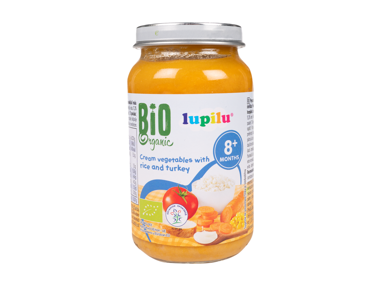 Borcan Lupilu Bio cu piure de legume, orez și curcan pentru bebeluși de peste 8 luni.