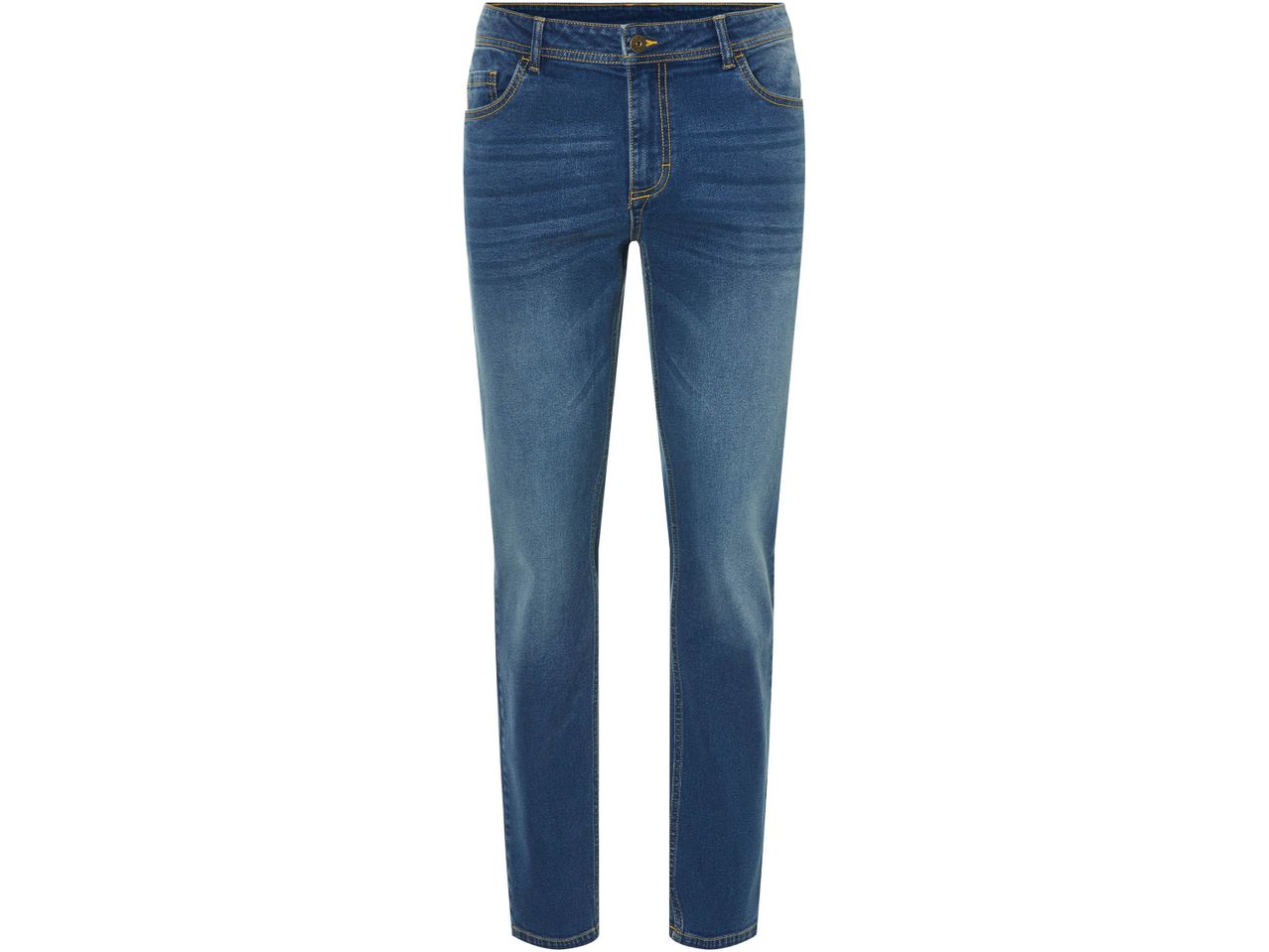 Jeans blu da uomo con cuciture gialle.
