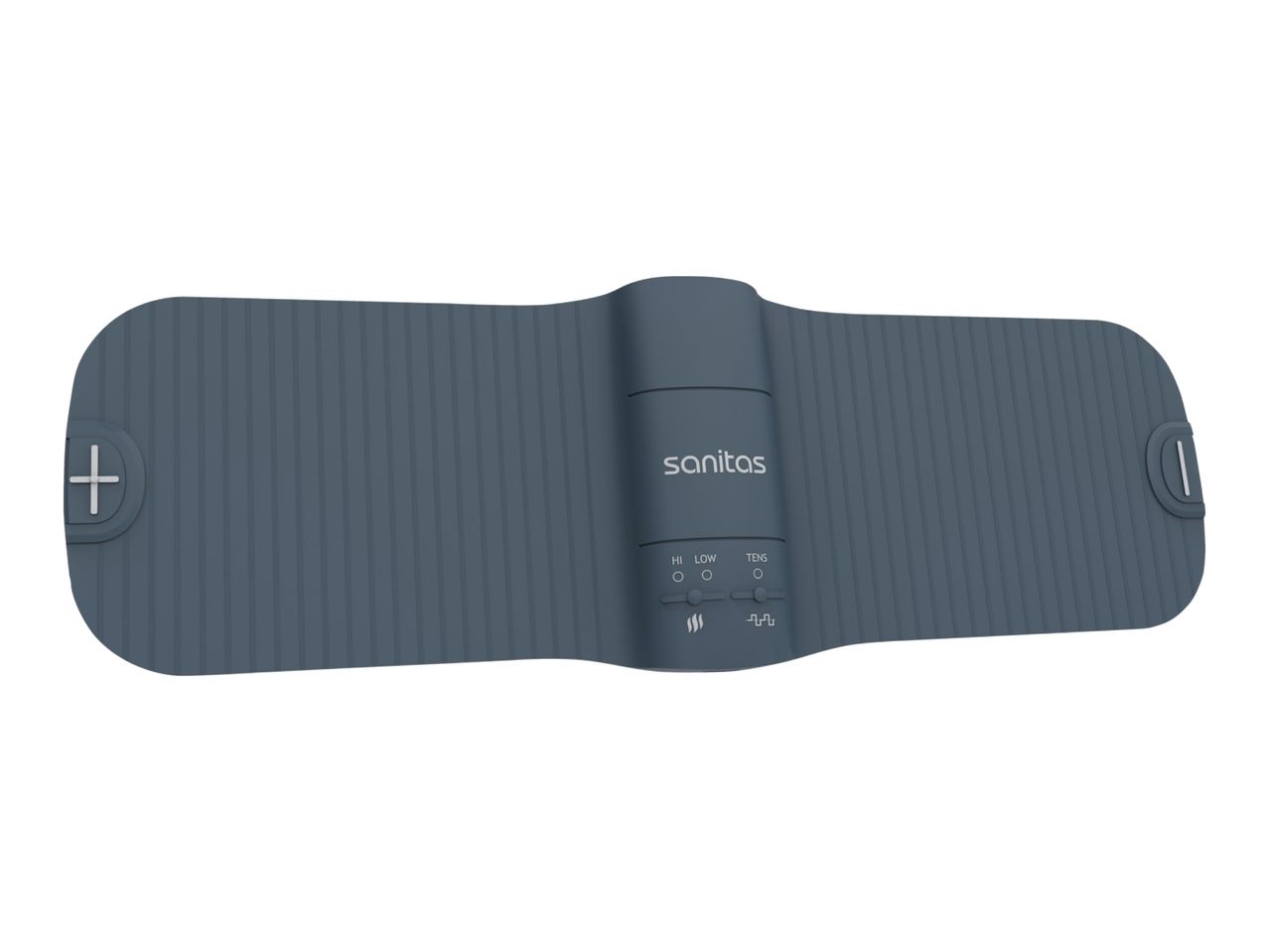 Blue muscle stimulation belt with control panel and adjustable settings