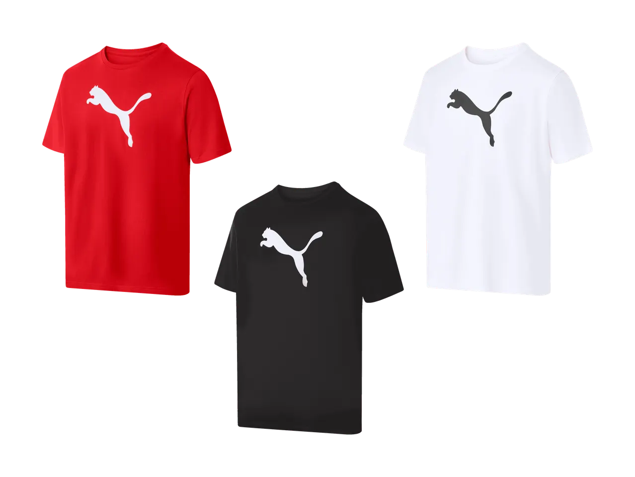 Drei T-Shirts: ein rotes mit weißem Logo, ein schwarzes mit weißem Logo und ein weißes mit schwarzem Logo.