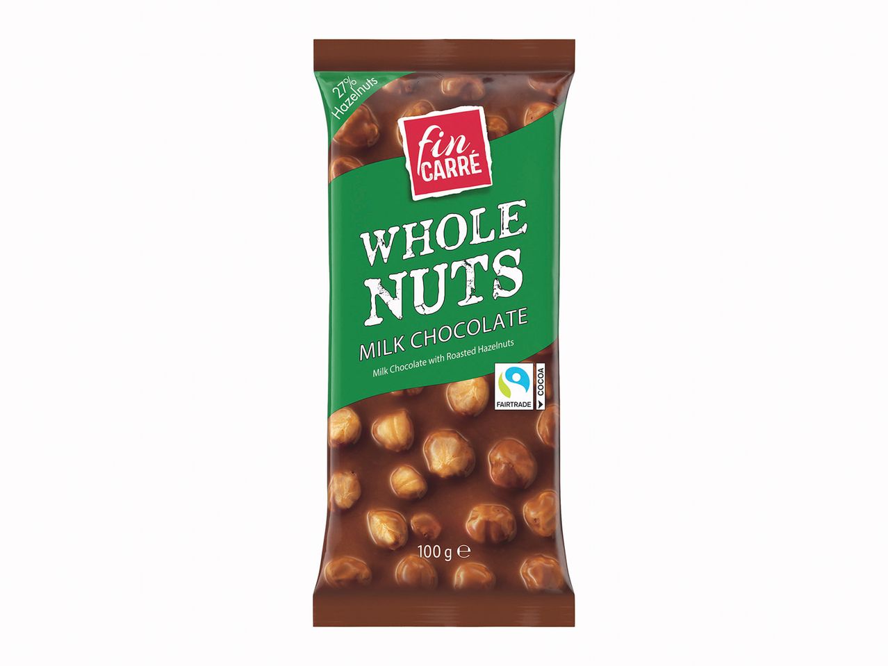 Συσκευασία σοκολάτας γάλακτος Fin Carré Whole Nuts με ολόκληρα φουντούκια.