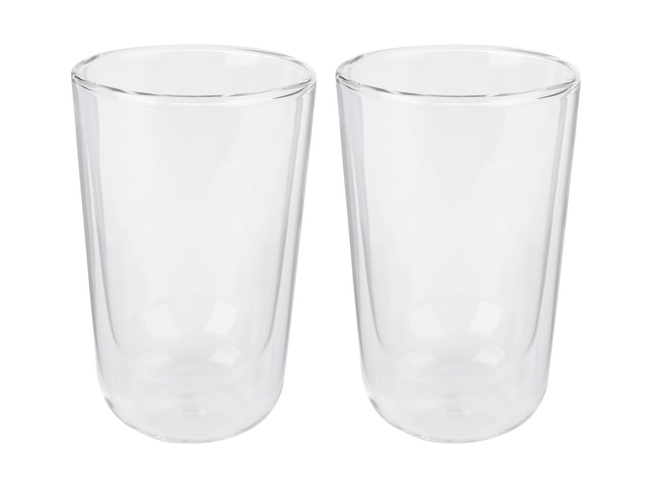 Two clear double-walled glasses on a white background.
