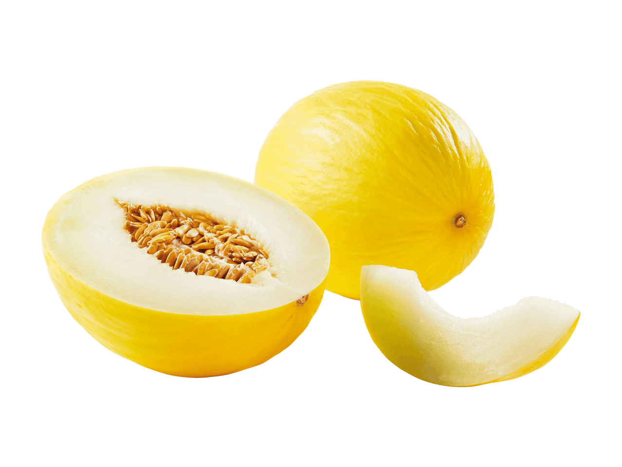 Melon jaune entier, coupé en deux et en quartier sur fond noir.