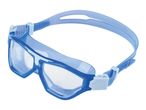 Blue swimming goggles with clear lenses and adjustable strap.
