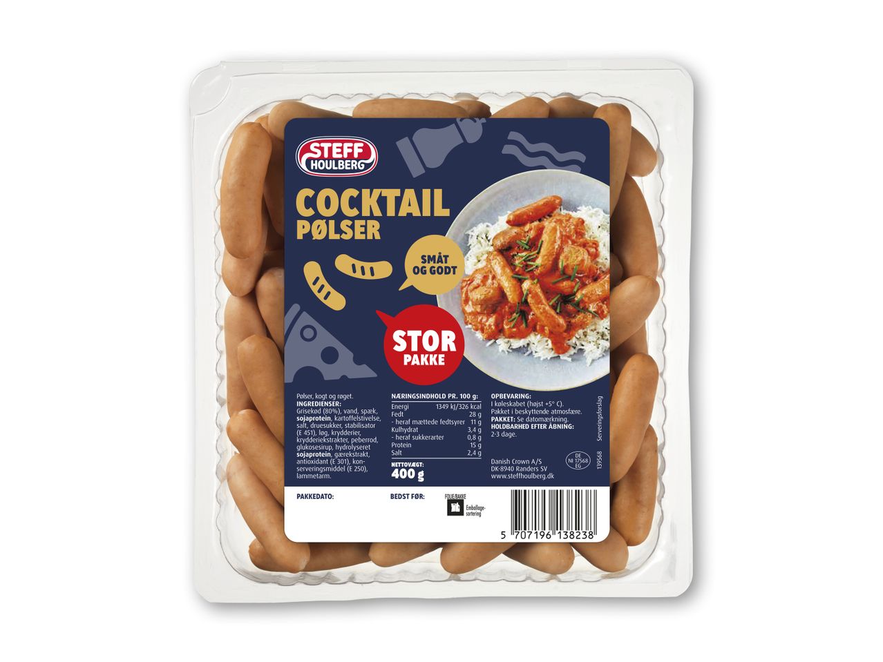 Steff Houlberg cocktailpølser i en pakke med 400g, med et billede af pølser serveret med ris.