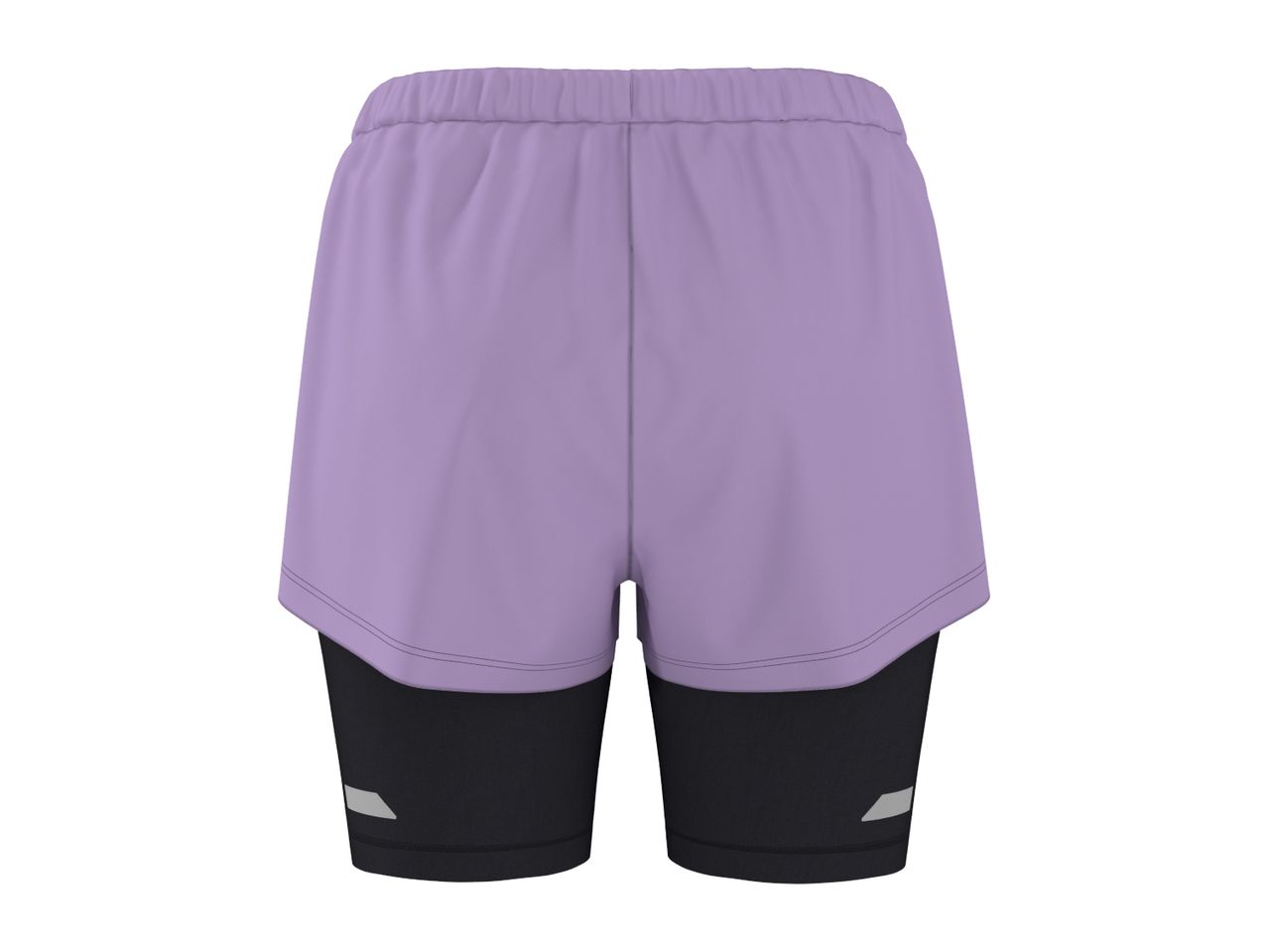Purple running shorts with black compression shorts underneath, featuring reflective accents.