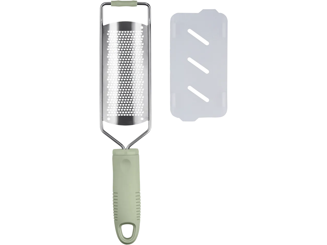 Metalen rasp met lichtgroen handvat en beschermkap.