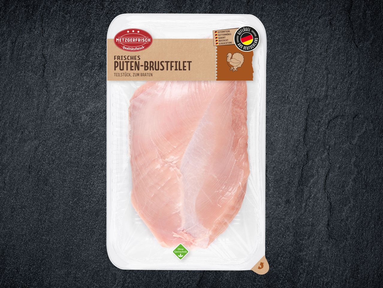 Frisches Putenbrustfilet von Metzgerfrisch in Verpackung.