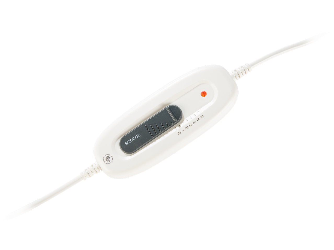 Sanitas pėdų šildytuvo valdiklis su 6 šilumos nustatymais ir 90 minučių laikmačiu.