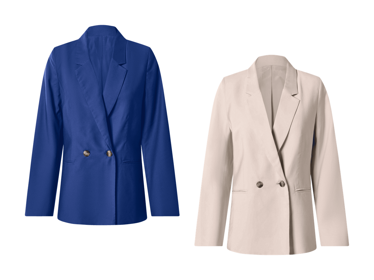 Zwei Damenblazer, einer in Blau und einer in Beige, auf weißem Hintergrund.