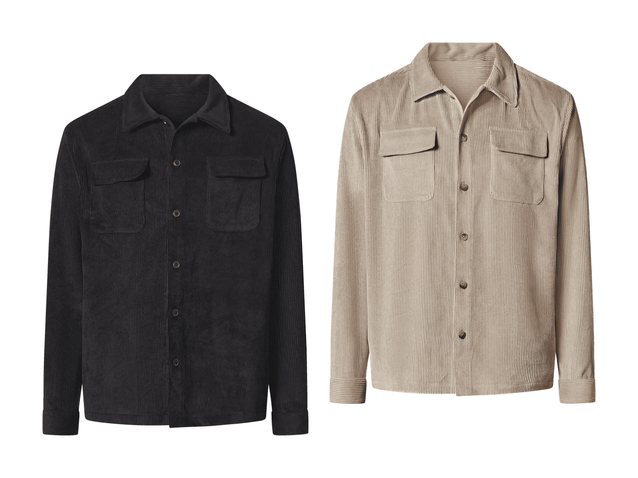 Zwei Cordhemden, eines schwarz und eines beige, auf schwarzem Hintergrund hängend.