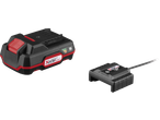 A black and red power tool battery with a charge indicator and a black charger.