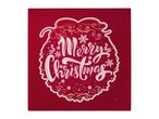 Red Christmas decoration with 'Merry Christmas' in white script and snowflakes.