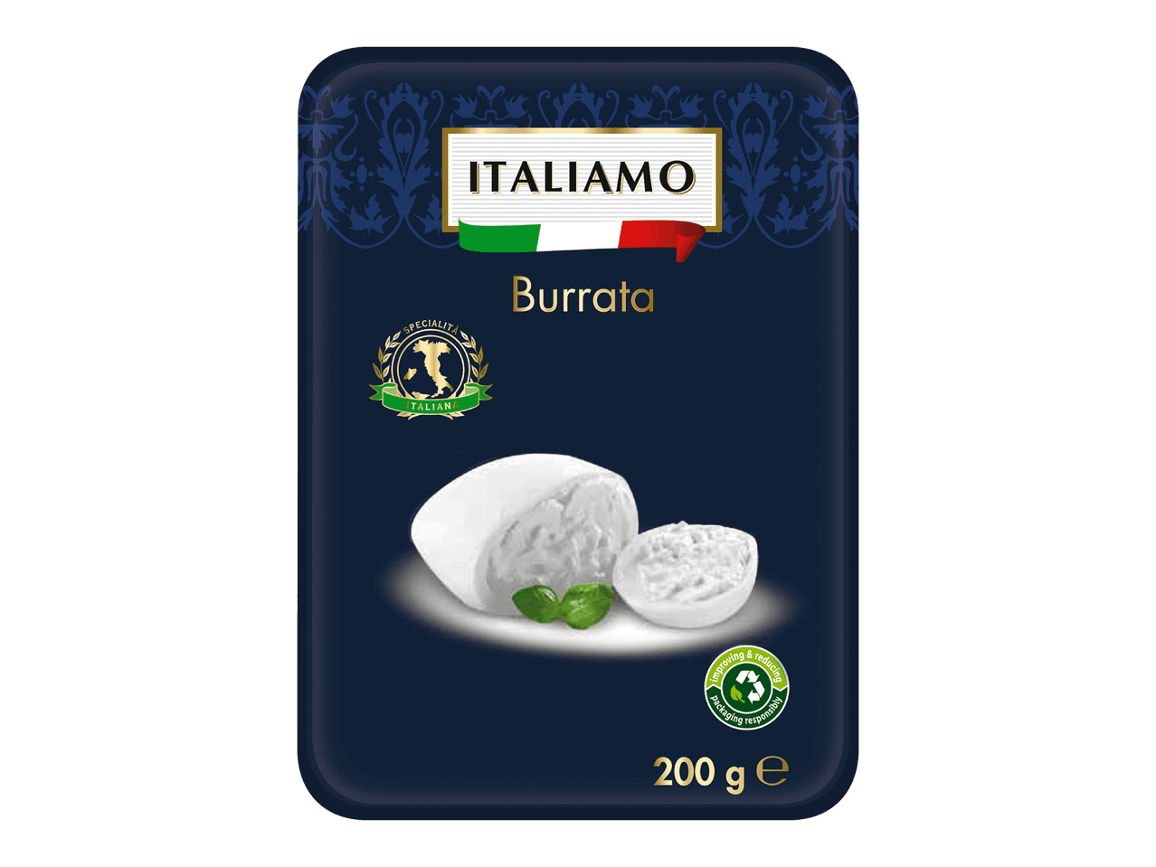 Italiamo Burrata -juustopakkaus, jossa on kuvia juustosta ja basilikanlehdistä.