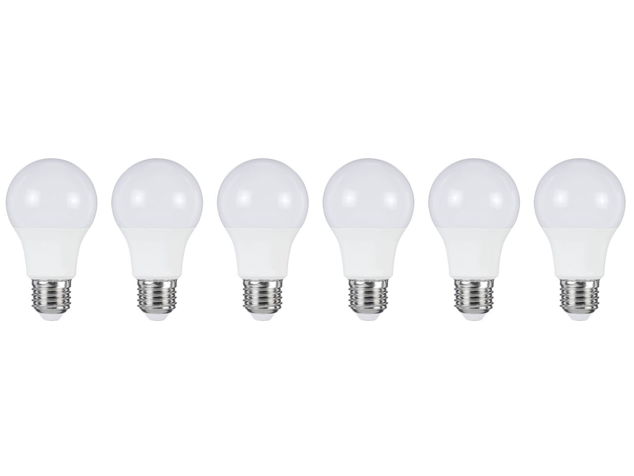 Six white LED light bulbs with screw bases in a row.
