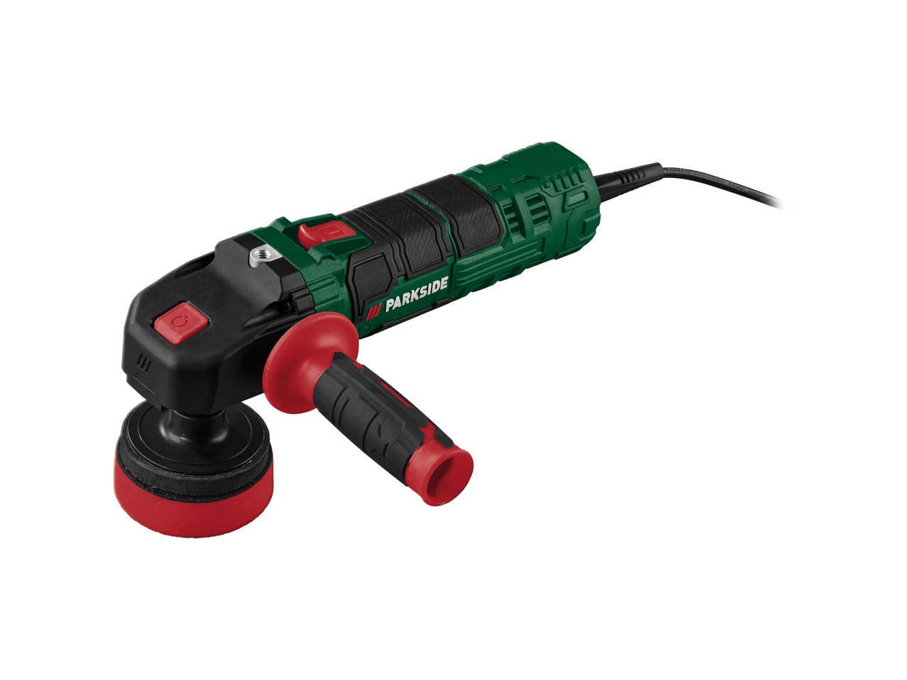 Parkside pulēšanas mašīna ar sarkanu un zaļu dizainu.