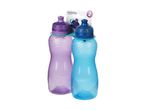 Two plastic sports water bottles in purple and blue.