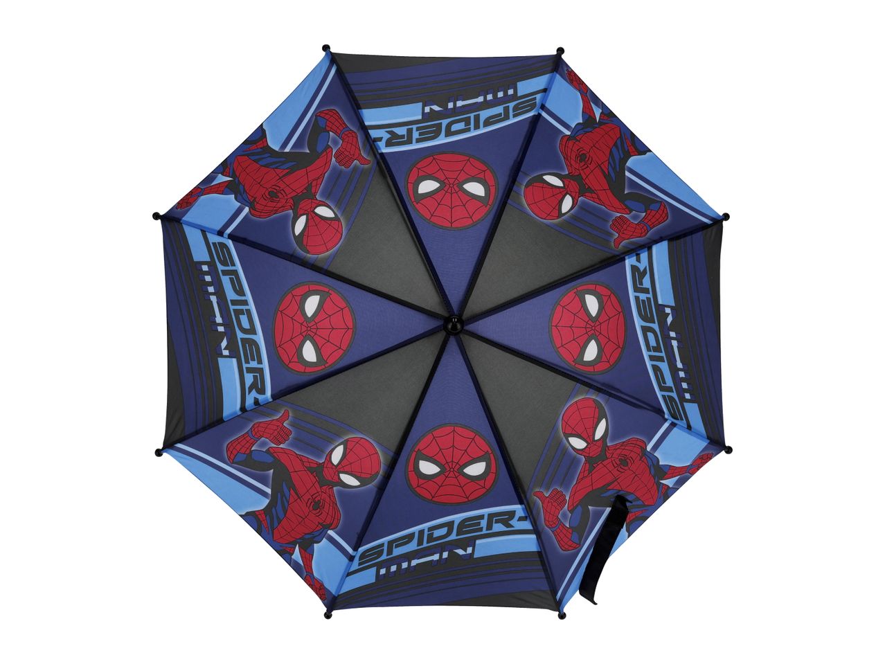 Spider-Man themed umbrella with multiple panels featuring the character and his mask.