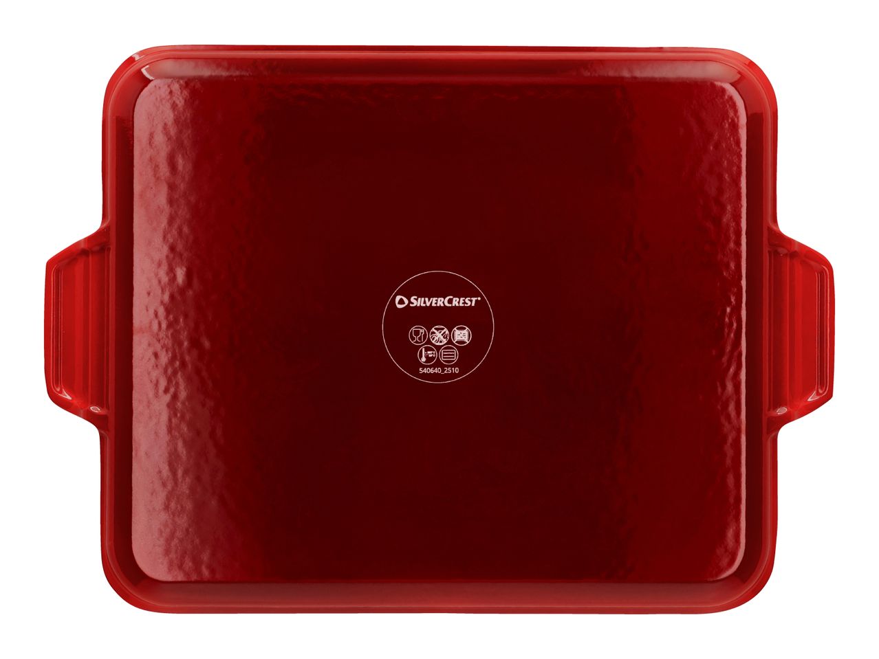 Red rectangular baking dish with handles, showing care symbols on the bottom.