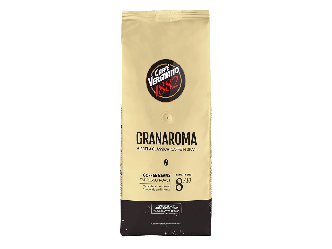 Пакет кафе на зърна с надпис „Granaroma Miscela Classica“, „Espresso Roast“ и „Chocolaty and intense“.