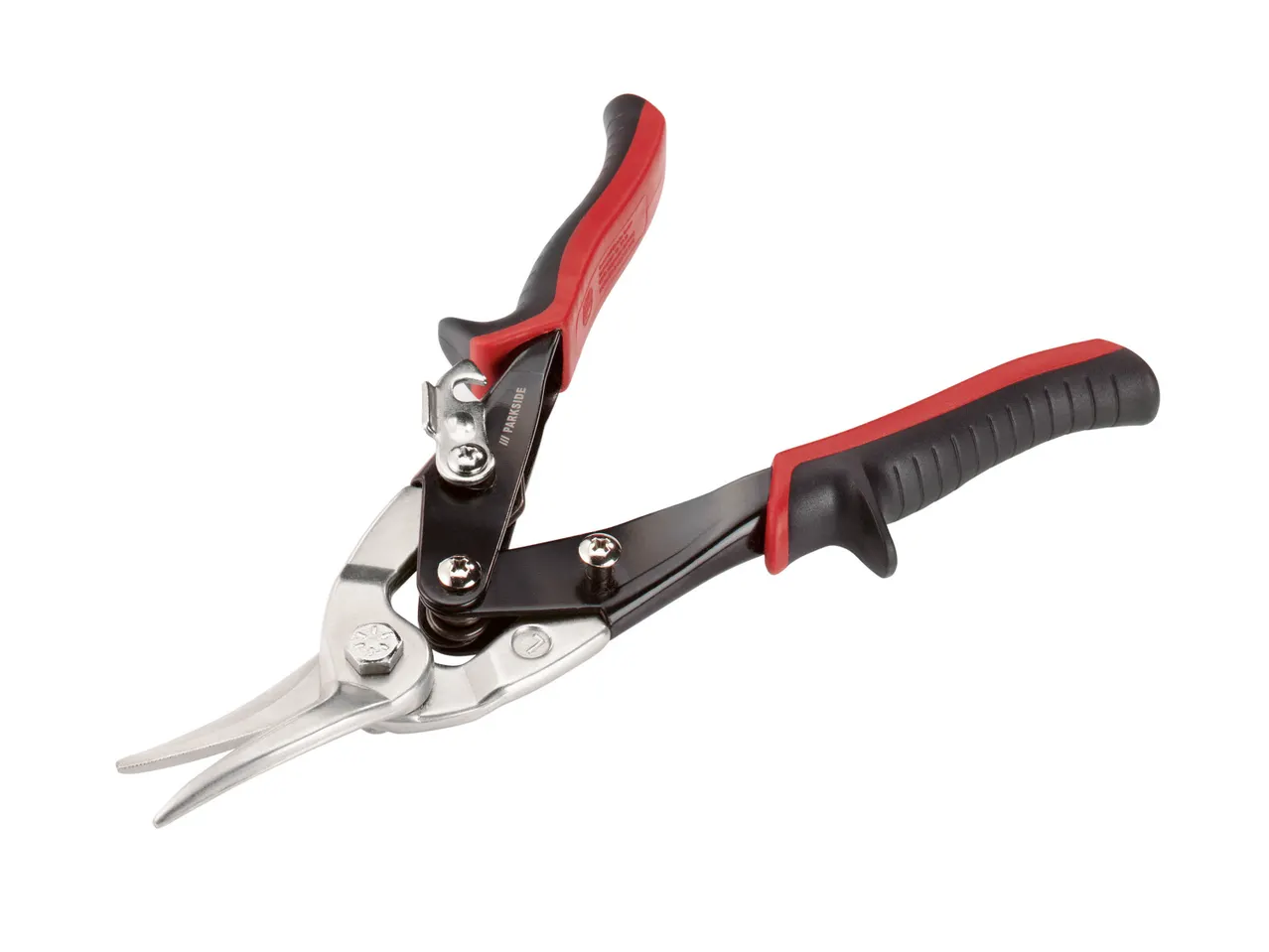 A pair of red and black tin snips with a silver cutting head on a white background.
