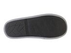 Bottom view of a dark gray slipper with a light gray trim and textured sole.