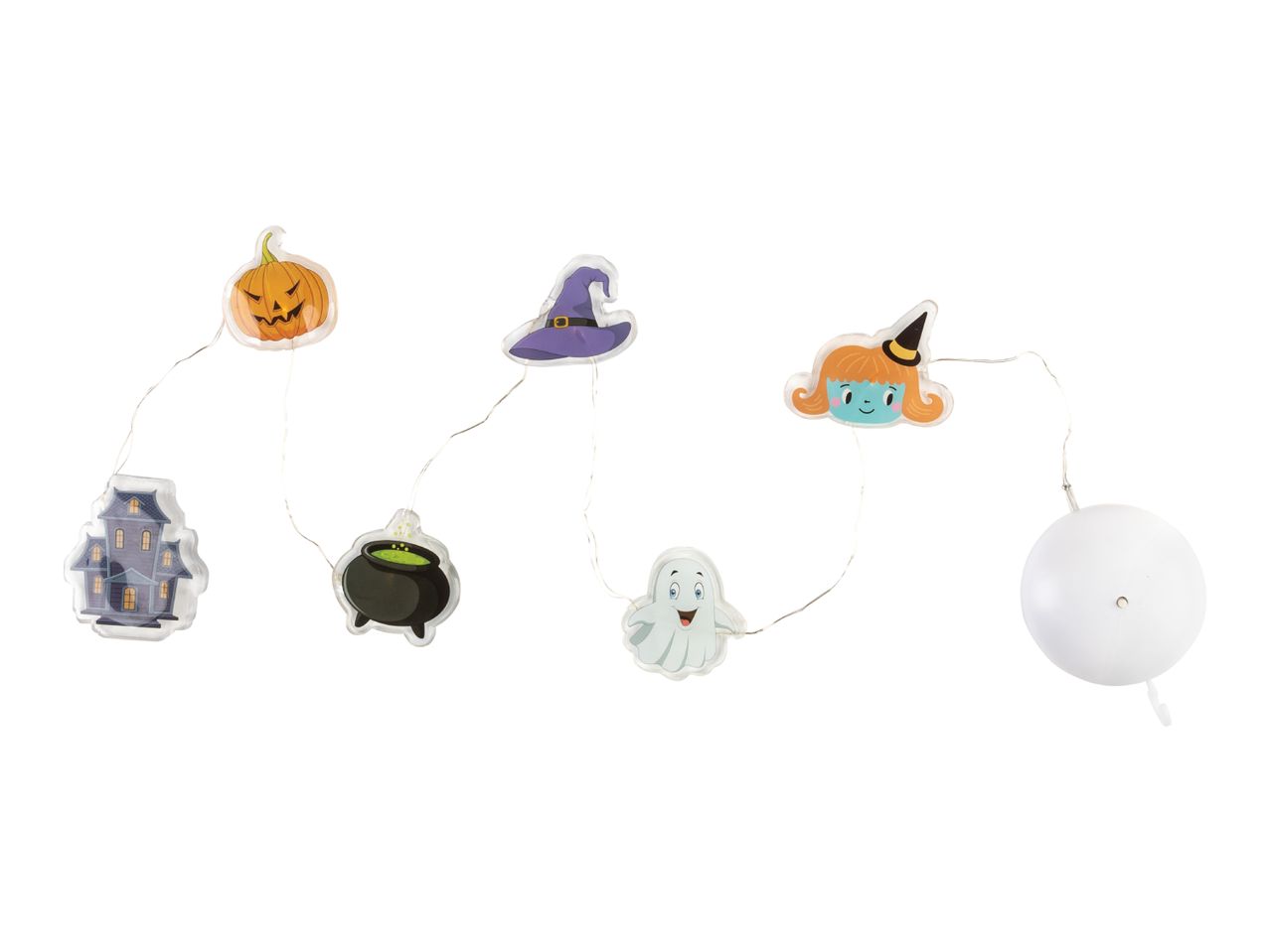Halloween string lights featuring a pumpkin, haunted house, witch's hat, cauldron, ghost, and witch girl.