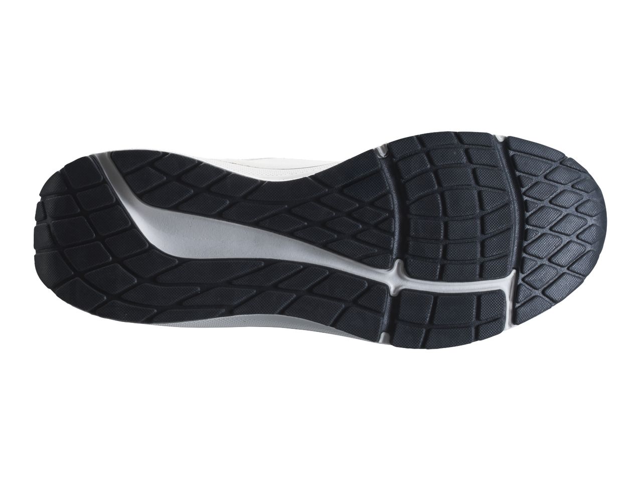 Bottom view of a black and white athletic shoe sole with a textured grip pattern.