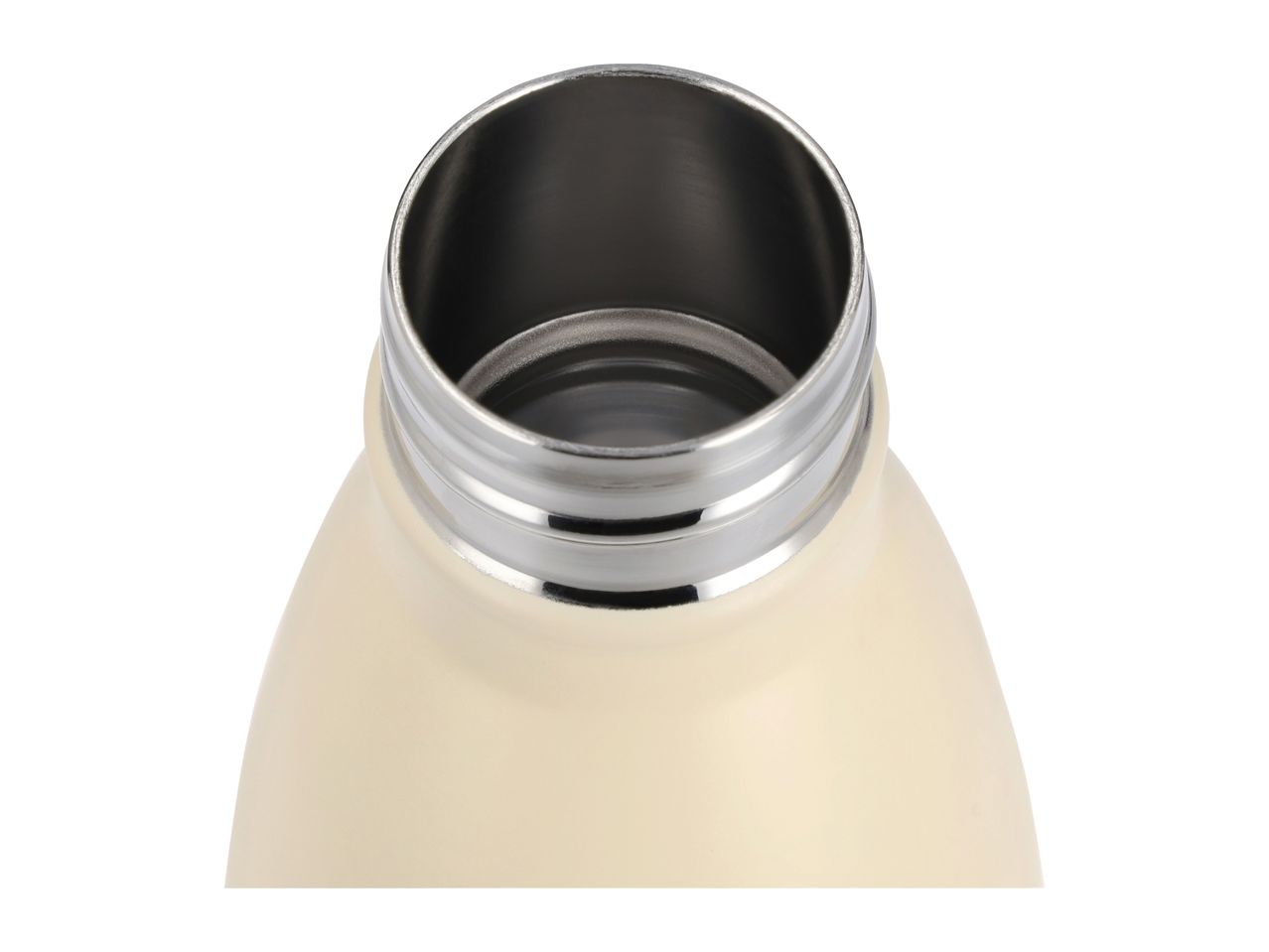 Close-up of the open neck of a beige stainless steel insulated bottle