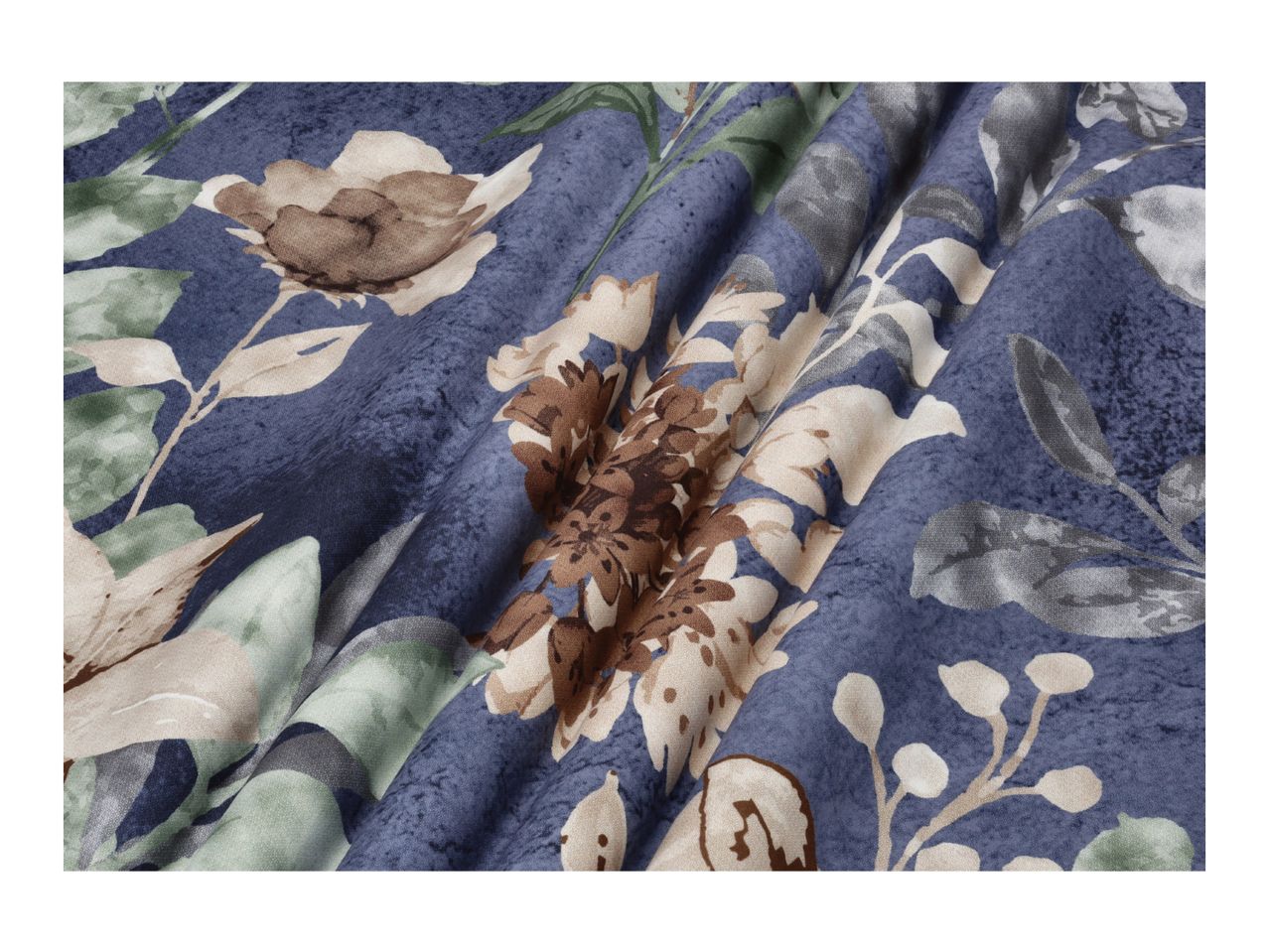 Blue fabric with a floral pattern featuring brown, beige, and green flowers and leaves.