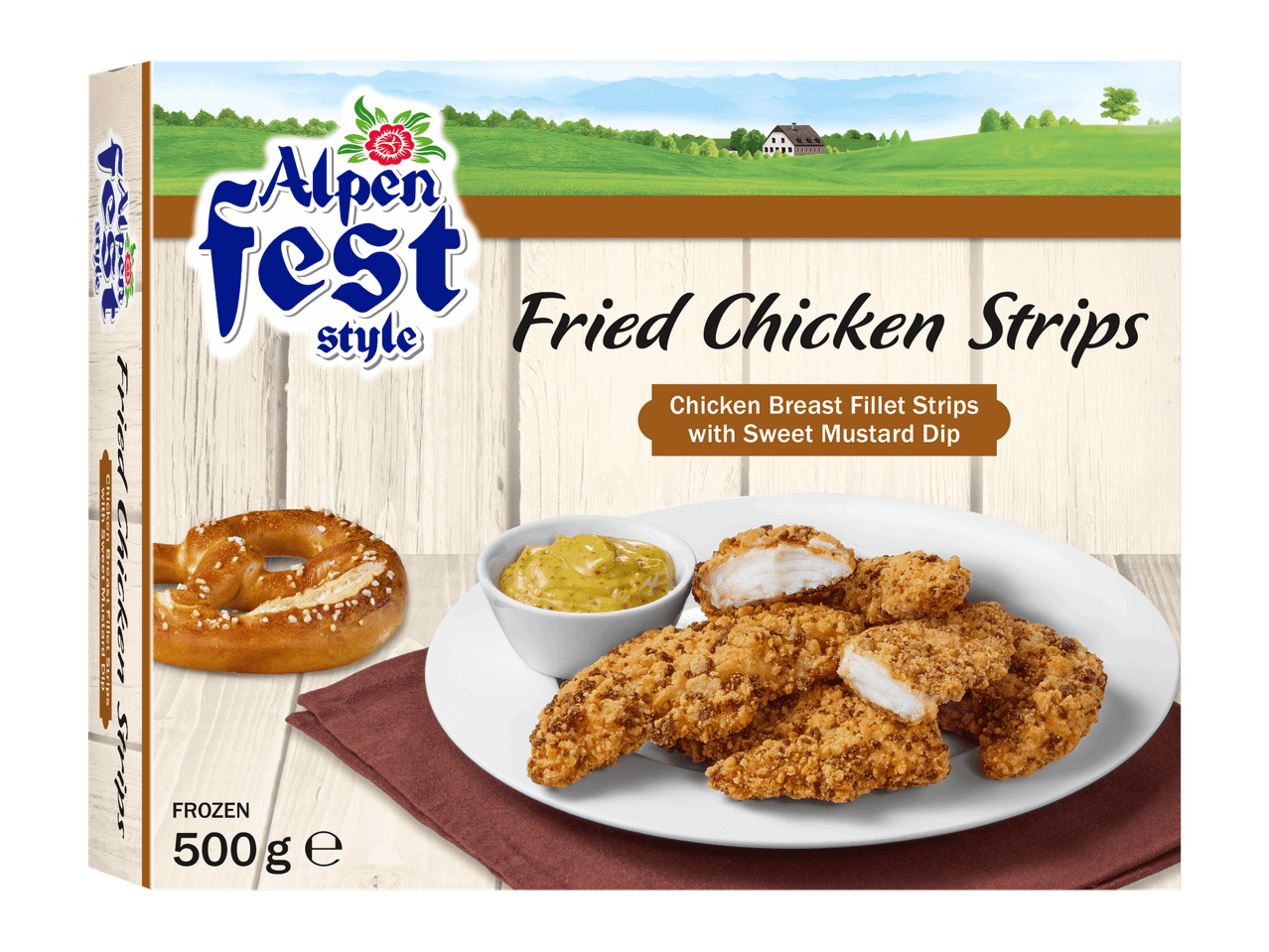Pakastekananrintaleikkeitä makealla sinappikastikkeella ja suolaprezelillä.
