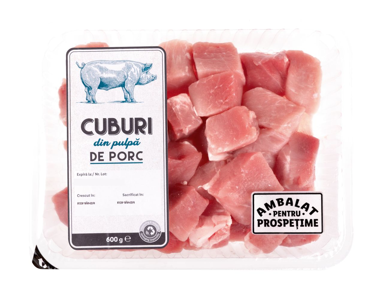 600 g cuburi de carne de porc.