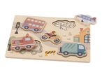 Wooden puzzle with various vehicles like a bus, fire truck, motorcycle, airplane, and truck.