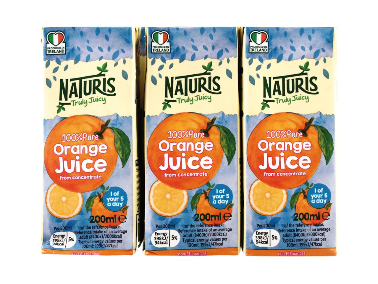 Three cartons of 100% pure orange juice from concentrate, produced in Ireland.