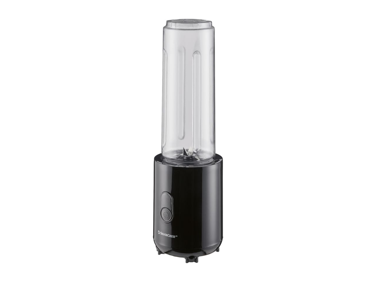 Black personal blender with a clear blending cup and a single button on the base