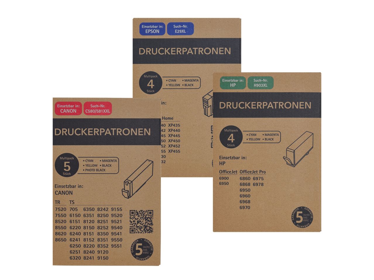Druckerpatronen-Multipacks für Canon, Epson und HP mit 4 oder 5 Patronen.